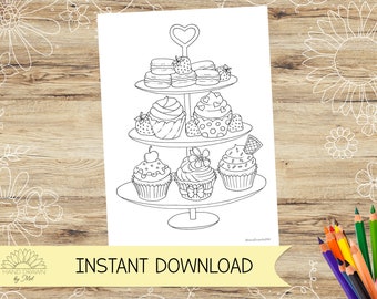 Cup Cake Stand Colouring page for adults and children! Instant Digital Download PDF, Jpeg in A4 and US Letter