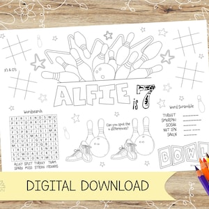 Atividade de boliche personalizada e jogo americano para colorir. Perfeito para festas infantis, pistas de boliche – DOWNLOAD DIGITAL – A4 ou US Letter