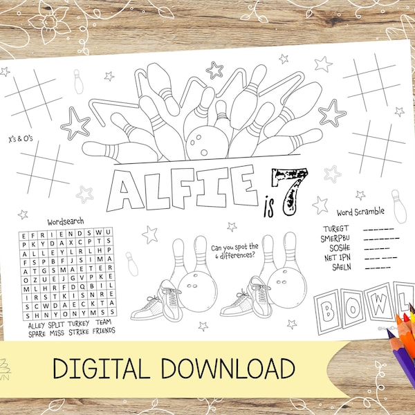 Personalised Bowling Activity and Colouring Placemat. Perfect for Kids Parties, Bowling Alleys – DIGITAL DOWNLOAD – A4 or US Letter