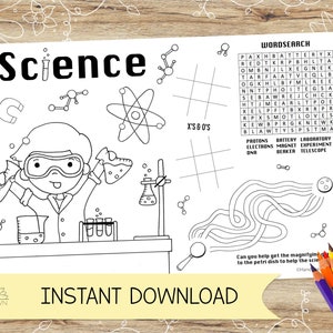 May include: A black and white printable coloring page featuring a cartoon scientist with a beaker and test tubes. The page also includes a word search puzzle with science-related words and a connect-the-dots puzzle. The text "Science" is at the top of the page.