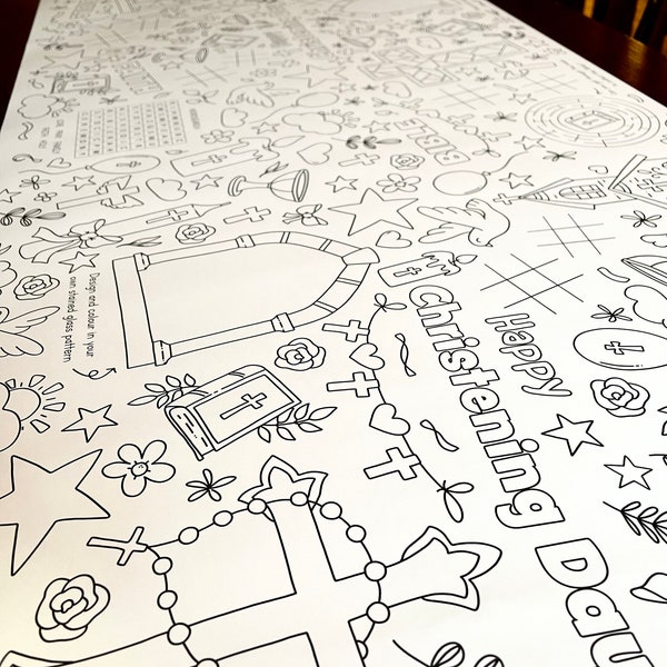 1.8m Christening or Baptism EXTRA LARGE table length activity and colouring sheet. 6ft party table cloth runner.