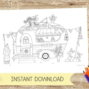 ¡Linda página para colorear de Caravan Home para adultos! Descarga digital instantánea PDF, Jpeg en A4 y carta estadounidense