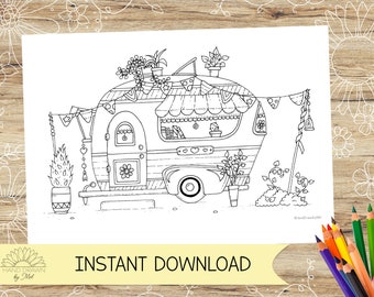 Cute Caravan Home Colouring page for adults! Instant Digital Download PDF, Jpeg in A4 and US Letter