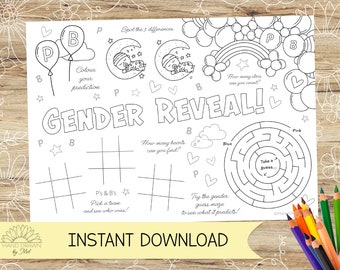 Gender Reveal Activity and Colouring Sheet/Placemat. Perfect for Gender Reveal Parties – INSTANT DOWNLOAD – A4 and US Letter in Jpeg and Pdf