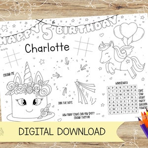 Hoja de actividades y mantel individual personalizado de unicornio/alicornio para colorear. Ideal para fiestas infantiles. Descarga digital. Tamaño A4 o carta.