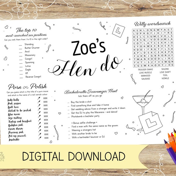 Personalised *Adult* Hen Do / Bachelorette Party Activity Sheet/Placemat. Novelty Bride to Be – DIGITAL DOWNLOAD – A4 or US Letter