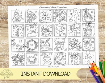 Christmas Advent Calendar Colouring page for adults! Festive countdown. Instant Digital Download PDF, Jpeg in A4 and US Letter