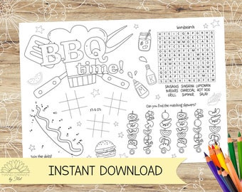 BBQ Activity Sheet: Grill Party Coloring Placemat (Digital Download)