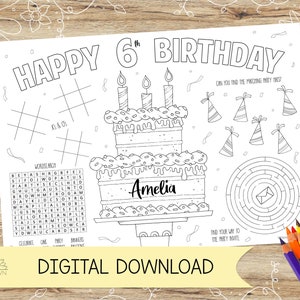 Atividade personalizada de feliz aniversário e folha para colorir / jogo americano. Perfeito para festas infantis – DOWNLOAD DIGITAL – A4 ou US Letter