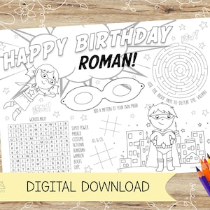 Personalised Super Hero / Heroine Activity and Colouring Sheet/Placemat. Perfect for Kids Parties – DIGITAL DOWNLOAD – A4 or US Letter