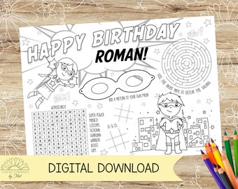 Personalised Super Hero / Heroine Activity and Colouring Sheet/Placemat. Perfect for Kids Parties – DIGITAL DOWNLOAD – A4 or US Letter