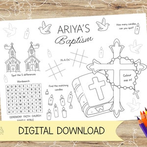 Attività per bambini e tovaglietta/foglio da colorare per il battesimo personalizzato. Perfetto per i giorni del battesimo e delle comunioni. DOWNLOAD DIGITALE