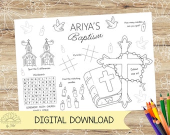 Personalised Baptism Childrens' Activity and Colouring Placemat/Sheet. Perfect for Christening Days and Communions. DIGITAL DOWNLOAD