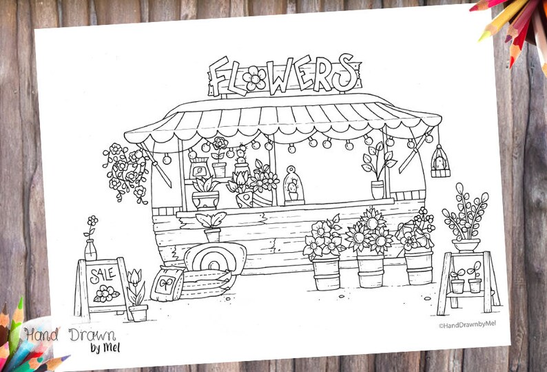 Cute Caravan Flower Stall Colouring Page for Adults and Children Cactus Succulent Floral JPEG Instant Download