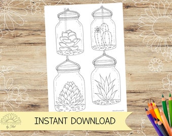 Cactus Jars Colouring page for adults! Cacti, Succulent, plant lover colouring page. Instant Digital Download PDF, Jpeg in A4 and US Letter