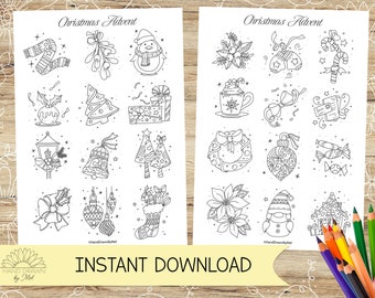 Coloriage de l'Avent de Noël pour adultes et enfants ! 24 images plus petites à colorier. Téléchargement numérique instantané PDF en A4 et lettre américaine