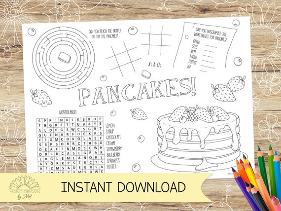 Pancakes Activity Sheet: Kids Coloring Placemat (Digital Download)