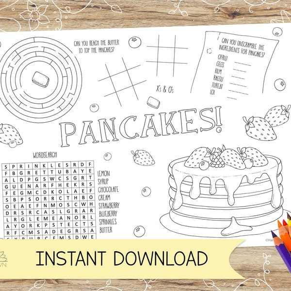 Pancakes Activity and Colouring Sheet/Placemat. Perfect for Kids Parties – INSTANT DOWNLOAD – A4 and US Letter in Jpeg and Pdf