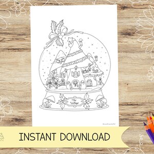 ¡Página para colorear de Village Mushroom en un globo de nieve para adultos! Navidad, tema festivo. Descarga digital instantánea PDF, Jpeg en A4 y carta estadounidense