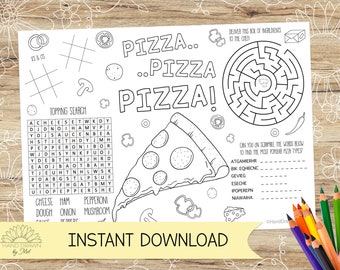 May include: Black and white printable pizza-themed activity sheet. Features a pizza slice illustration, word search, maze, and unscramble puzzle. Includes the text "PIZZA..PIZZA PIZZA!" and "INSTANT DOWNLOAD".