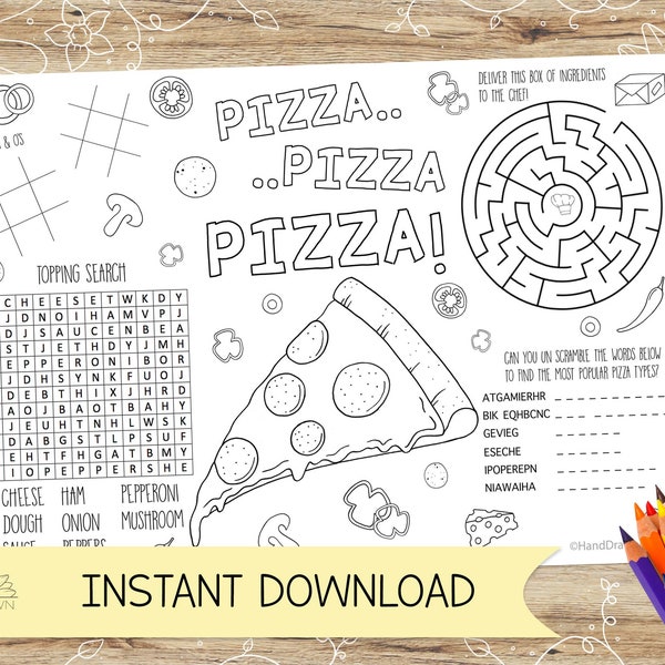 Pizza Activity and Colouring Sheet/Placemat. Perfect for Kids Parties – INSTANT DOWNLOAD – A4 and US Letter in Jpeg and Pdf