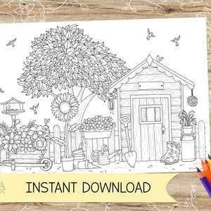 ¡Página para colorear de El Jardín para adultos! Escena de jardín primaveral para colorear. Descarga digital instantánea en PDF, JPEG en A4 y Carta EE. UU.