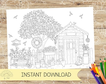 Spring Garden Coloring Page for Adults: Relaxing Floral Scene (Digital Download)