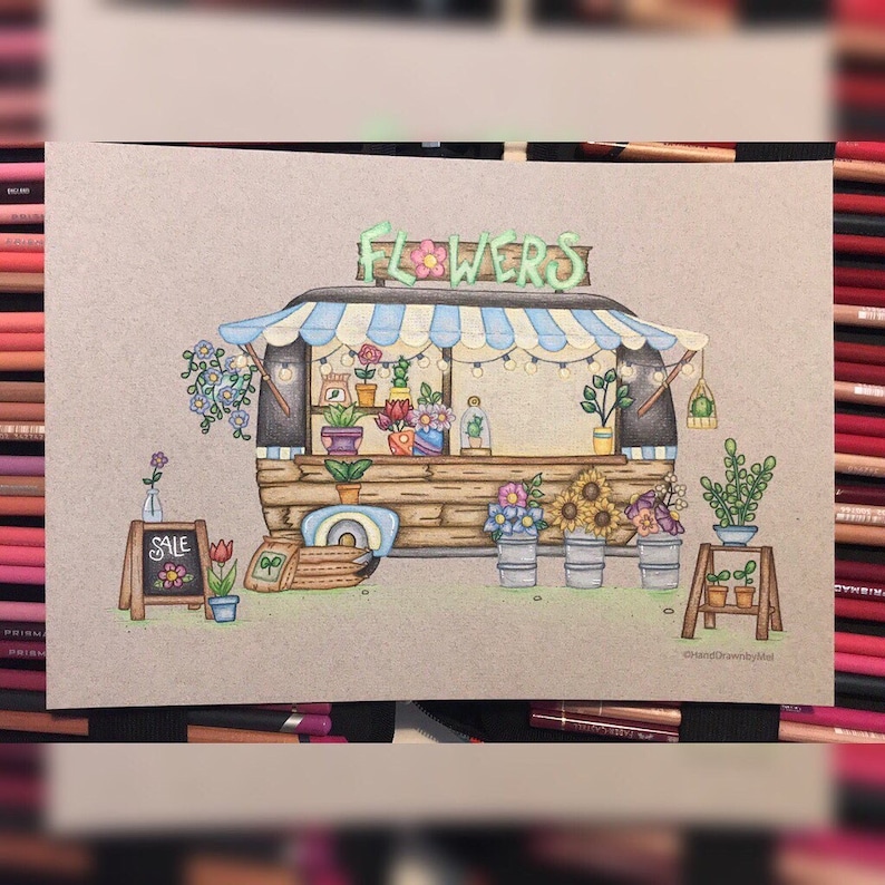 Cute Caravan Flower Stall Colouring Page for Adults and Children Cactus Succulent Floral JPEG Instant Download