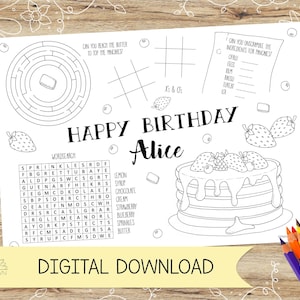 Personalised Pancakes Activity and Colouring Sheet/Placemat. Perfect for Kids Parties – DIGITAL DOWNLOAD – A4 or US Letter