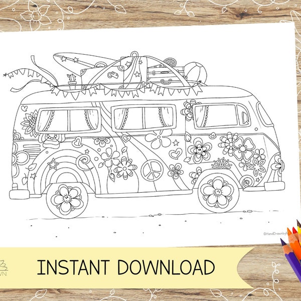 Happy Camper Colouring page for adults! Campervan, happy, hippy 70's themed Instant Digital Download PDF, Jpeg in A4 and US Letter