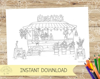 Caravan Flower Stall Coloring Page: Whimsical Adult Art (Digital Download)