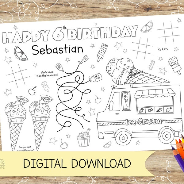 Personalised Ice Cream Van Activity and Colouring Sheet/Placemat. Perfect for Kids Parties – DIGITAL DOWNLOAD – A4 or US Letter