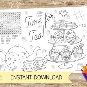 Afternoon Tea-activiteit en kleurplaat/placemat. Perfect voor kinderfeestjes – DIRECT DOWNLOADEN – A4 en US Letter in jpeg en pdf