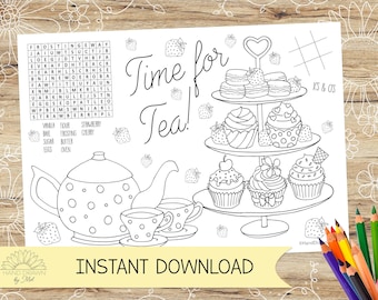 Afternoon Tea Coloring Placemat: Kids Party Activity (Digital Download)