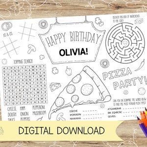 Personalised Pizza Party Activity and Colouring Placemat. Perfect for Kids Parties – DIGITAL DOWNLOAD – A4 or US Letter