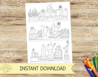 Cactus Wall Colouring page for adults! Cacti, Succulent, Plant lover. Instant Digital Download PDF, Jpeg in A4 and US Letter