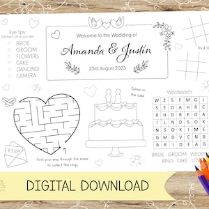 Atividade de casamento personalizada e folha para colorir / jogo americano. Perfeito para hóspedes mais jovens – DOWNLOAD DIGITAL – A4 ou US Letter