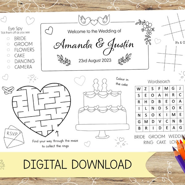 Personalisierte Hochzeitsaktivität und Malblatt / Tischset. Perfekt für kleine Gäste – DIGITALER DOWNLOAD – A4 oder US Letter