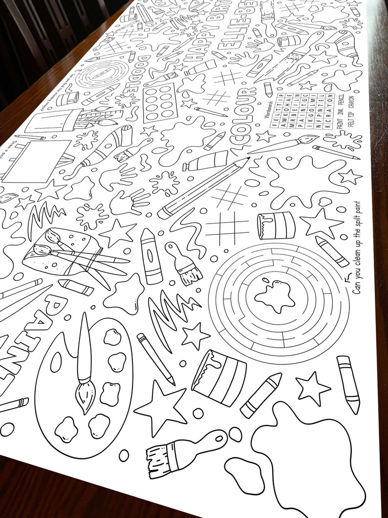 May include: Black and white coloring page featuring a birthday party theme with paintbrushes, paint cans, stars, and a maze. The text "Happy Birthday Ellie" is written at the top of the page.
