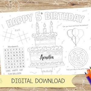 Personalised Happy Birthday Activity and Colouring Sheet/Placemat. Perfect for Kids Parties – DIGITAL DOWNLOAD – A4 or US Letter