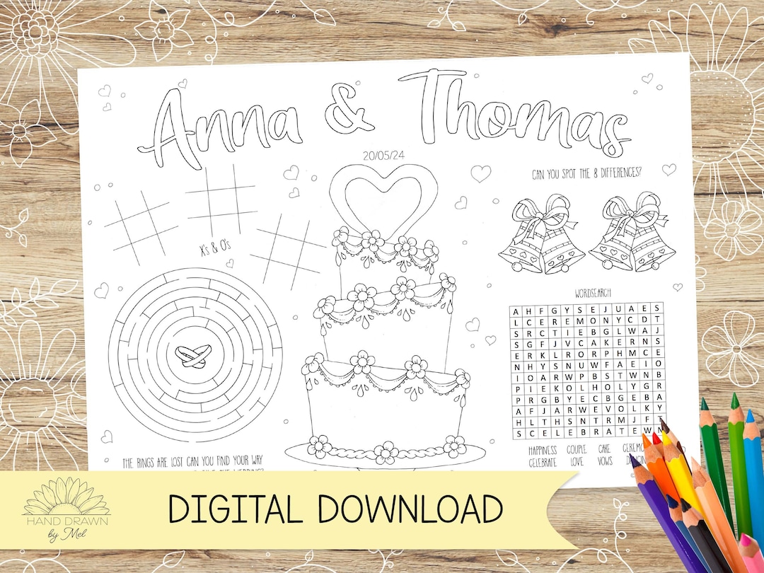 First Names Personalised Wedding Activity and Colouring Sheet/placemat ...