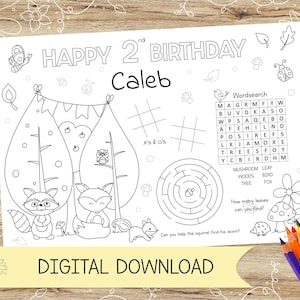Actividad personalizada de animales del bosque y hoja para colorear/mantel individual. Perfecto para fiestas infantiles – DESCARGA DIGITAL – A4 o US Letter