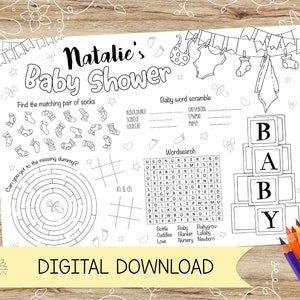Chá de bebê personalizado / atividade de polvilhar bebê e folha para colorir / jogo americano perfeito para festas infantis - DOWNLOAD DIGITAL - A4 ou carta dos EUA