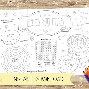 Hoja para colorear y mantel individual de donas. Ideal para fiestas infantiles. Descarga instantánea. Formatos A4 y Carta (en JPEG y PDF).