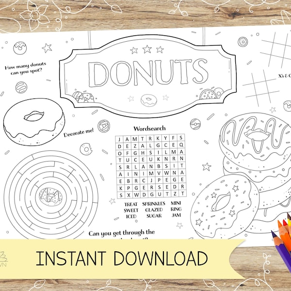 Donuts Activity and Colouring Sheet/Placemat. Perfect for Kids Parties – INSTANT DOWNLOAD – A4 and US Letter in Jpeg and Pdf