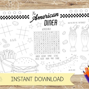 The American Diner Activity and Colouring Sheet/Placemat. Perfect for Kids Parties – INSTANT DOWNLOAD – A4 and US Letter in Jpeg and Pdf