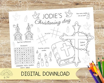 Personalised Christening Day Activity and Colouring Placemat. Perfect for Baptism and Communion – DIGITAL DOWNLOAD – A4 or US Letter