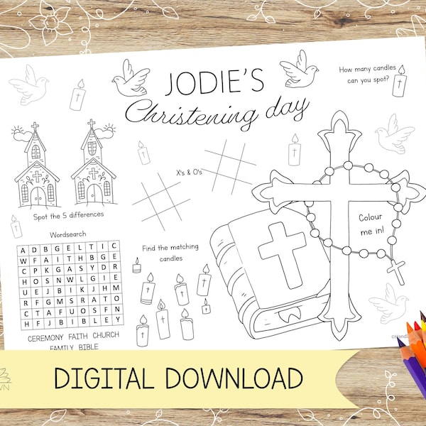 Personalised Christening Day Activity and Colouring Placemat. Perfect for Baptism and Communion – DIGITAL DOWNLOAD – A4 or US Letter