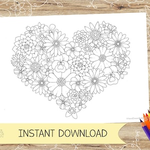 Floral Heart Colouring page for adults and children! Flower,Whimsical, coloring page! Instant Digital Download PDF, Jpeg in A4 and Us Letter