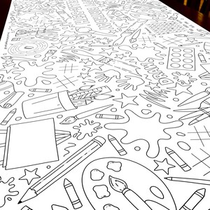 May include: Black and white line art illustration of art supplies, including paintbrushes, paint palettes, pencils, crayons, and a paint splattered background. The text "Happy Birthday Elizabeth" is written in a stylized font.